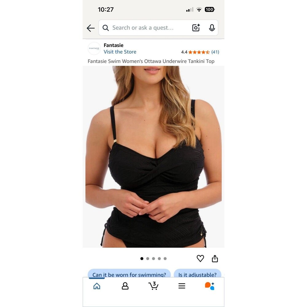 New Women’s Fantasie Underwire Tankini Top Swimsuit Top Black Size 38I